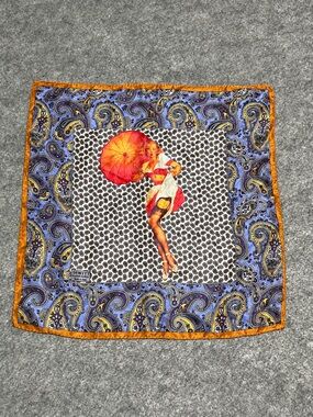 Vintage-Inspired Paisley & Pinup Silk Scarf with Orange Trim Berend DeWitt